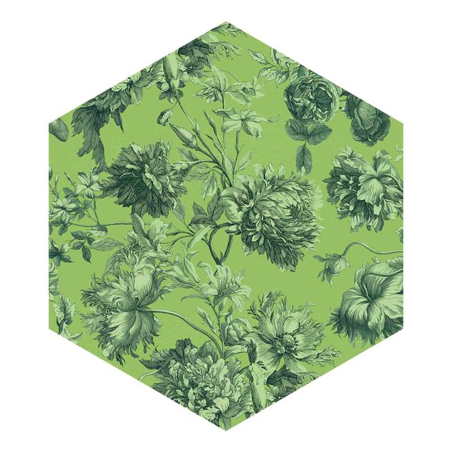 Carta da parati esagonale adesiva con disegni - Incisione floreale su rame in verde primavera