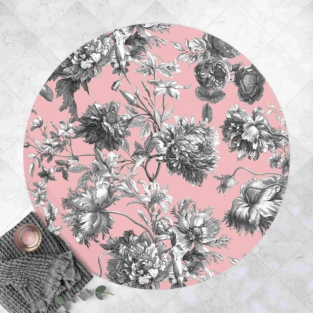 Tappeto per ingresso esterno Incisione floreale in rame grigio rosa