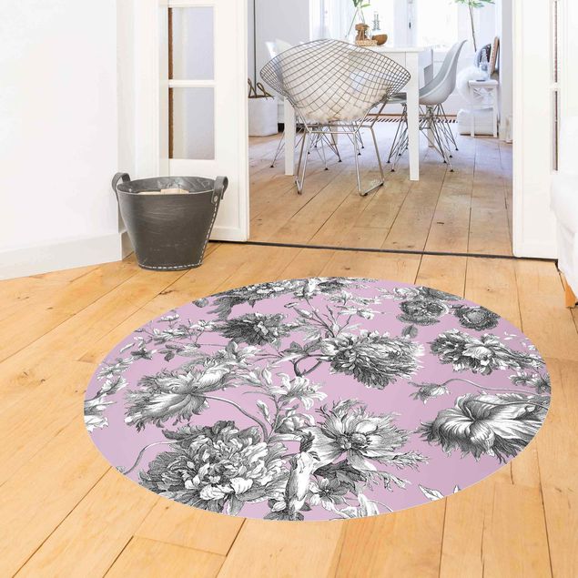Tappeti moderni soggiorno Incisione floreale in rame grigio viola