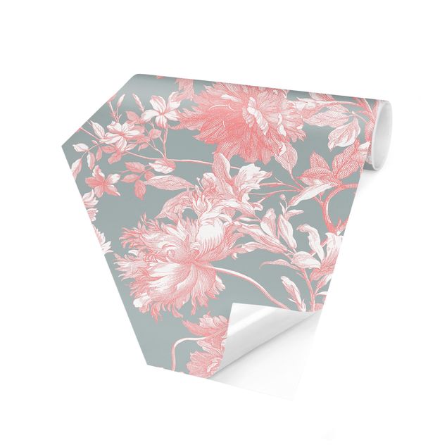 Carta da parati esagonale adesiva con disegni - Incisione floreale su rame rosa-grigio