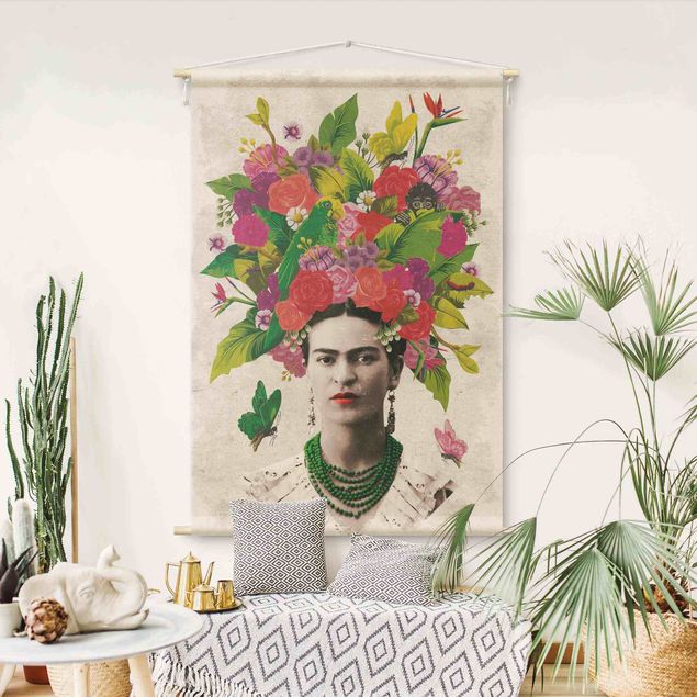 Arazzi da parete grande Frida Kahlo - Ritratto di fiori