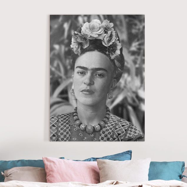 Stampe su tela bianco e nero Ritratto fotografico di Frida Kahlo con corona di fiori