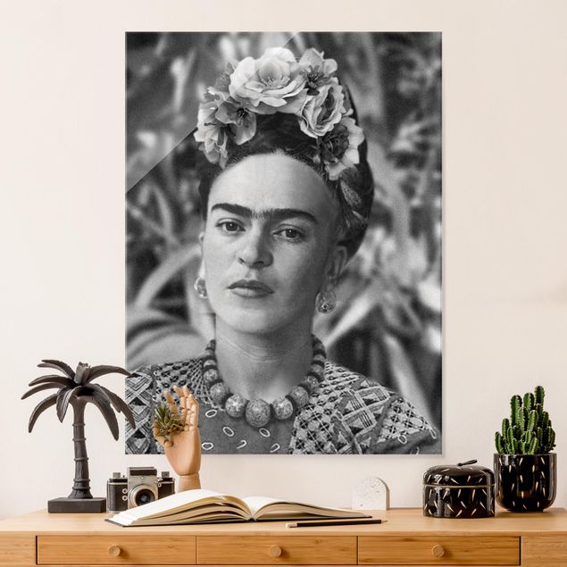 Lavagna magnetica vetro Ritratto fotografico di Frida Kahlo con corona di fiori