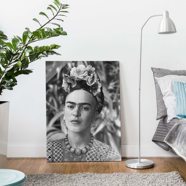 Quadro in vetro - Ritratto fotografico di Frida Kahlo con corona di fiori