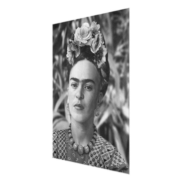 Quadro in vetro - Ritratto fotografico di Frida Kahlo con corona di fiori