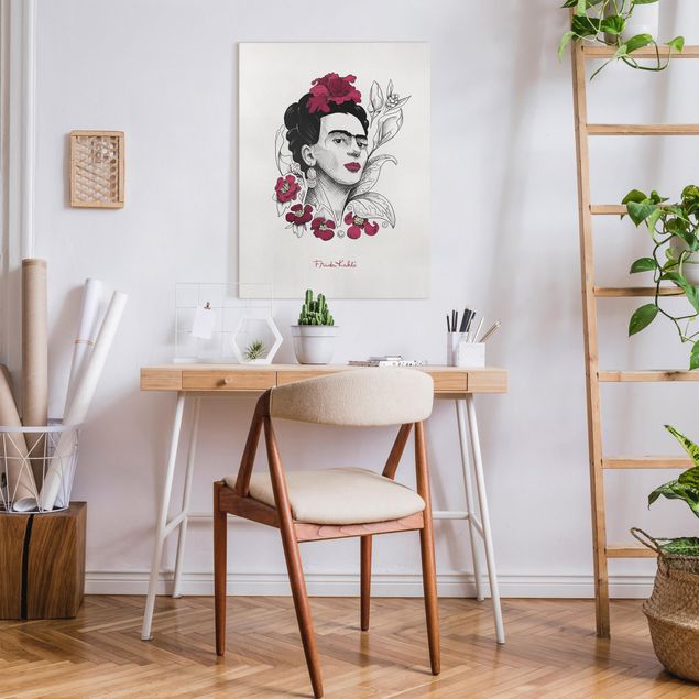 Stampa su tela Ritratto di Frida Kahlo con fiori