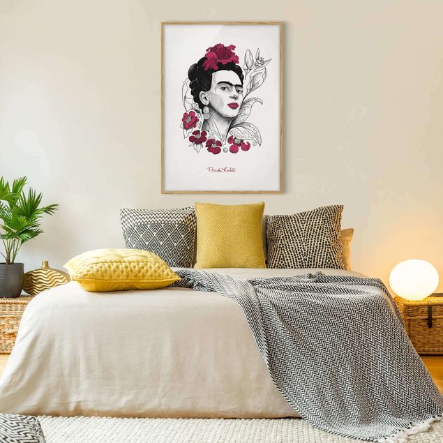 Poster con cornice - Ritratto di Frida Kahlo con fiori
