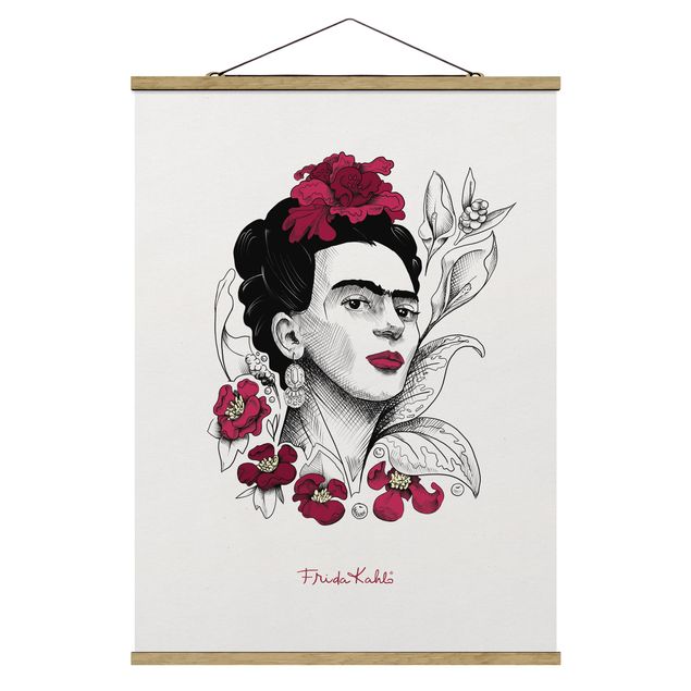 Foto su tessuto da parete con bastone - Ritratto di Frida Kahlo con fiori - Formato verticale 3:4
