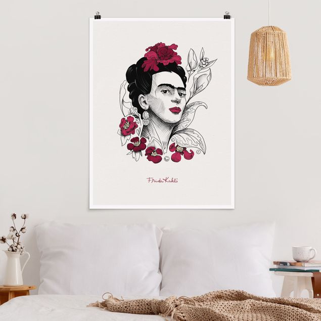 Poster illustrazioni Ritratto di Frida Kahlo con fiori