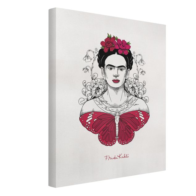 Quadri su tela animali Ritratto di Frida Kahlo con fiori e farfalla