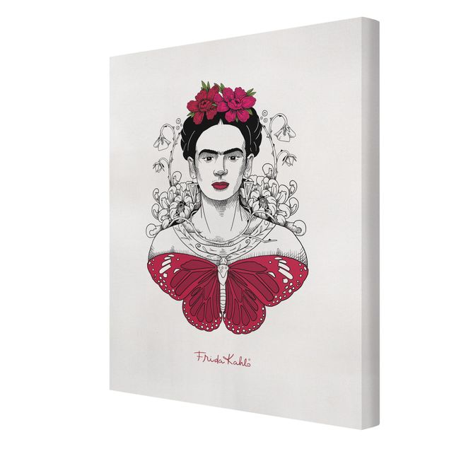 Stampe su tela Ritratto di Frida Kahlo con fiori e farfalla