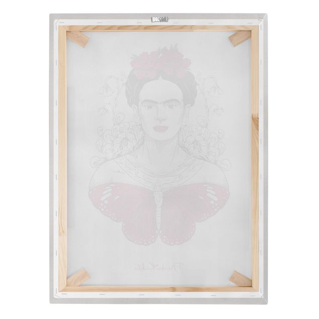 Stampa su tela - Ritratto di Frida Kahlo con fiori e farfalla - Formato verticale 3:4