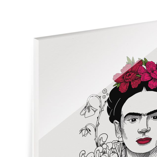 Quadro in vetro - Ritratto di Frida Kahlo con fiori e farfalla