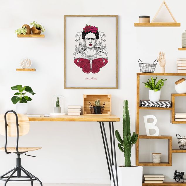 Poster con cornice - Ritratto di Frida Kahlo con fiori e farfalla