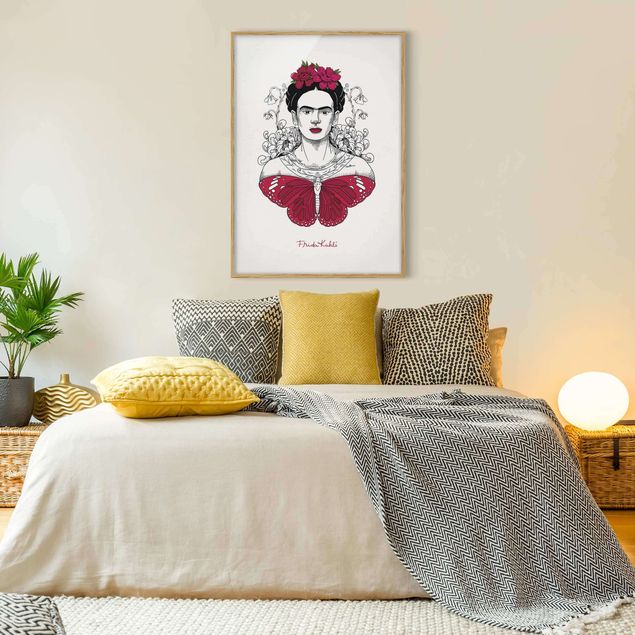 Poster con cornice - Ritratto di Frida Kahlo con fiori e farfalla