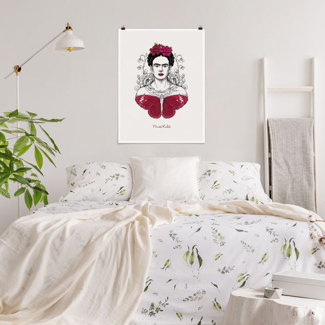 Poster illustrazioni Ritratto di Frida Kahlo con fiori e farfalla