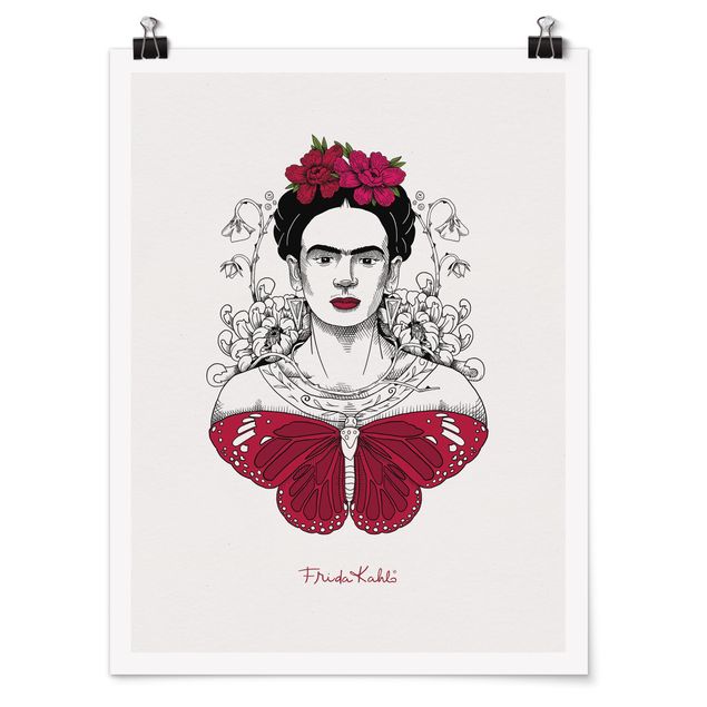 Poster riproduzione - Ritratto di Frida Kahlo con fiori e farfalla
