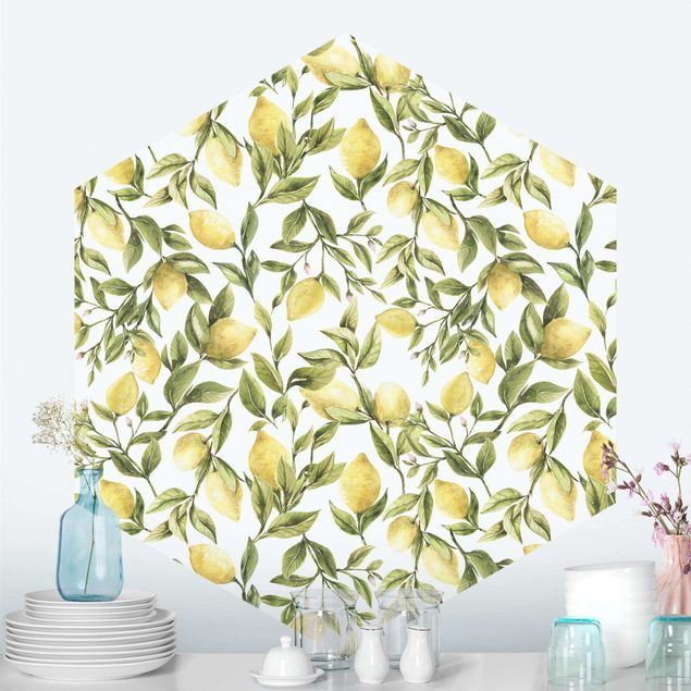 Carta da parati esagonale Limoni fruttati con foglie