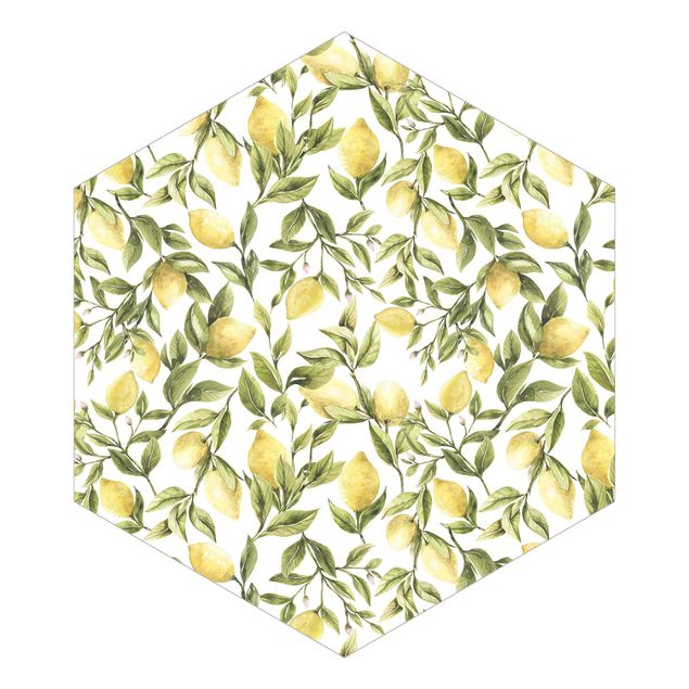 Carta da parati esagonale adesiva con disegni - Limoni profumati con foglie