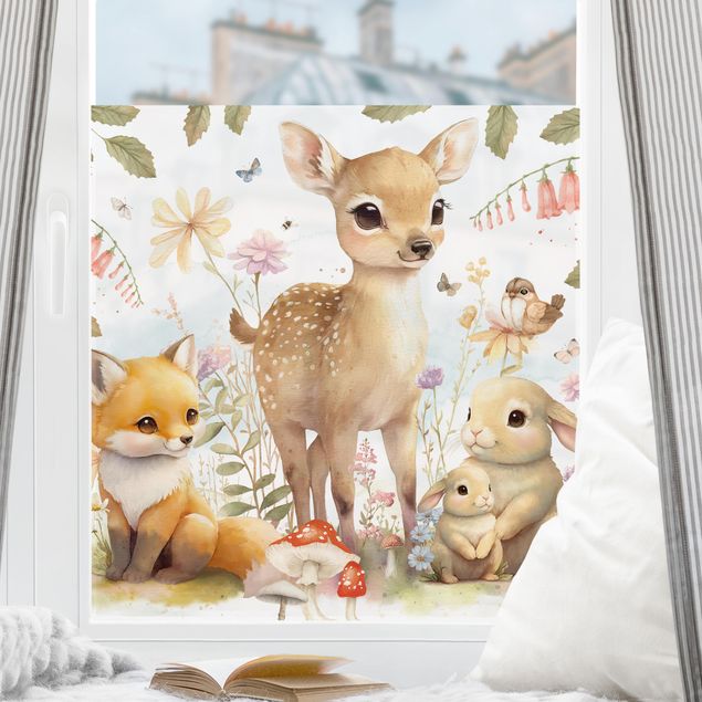 pellicola colorata per vetri Cerbiatto di volpe e lepre su un prato fiorito