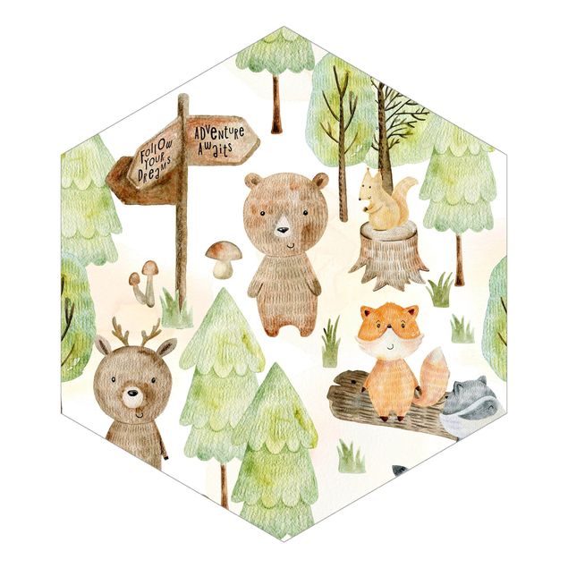 Carta da parati esagonale adesiva con disegni - Volpe e orso con alberi