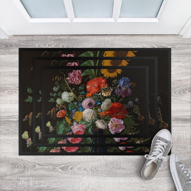 Zerbini design Jan Davidsz de Heem - Tulipani, un girasole, un'iris e altri fiori in un vaso di vetro sulla base di marmo di una colonna