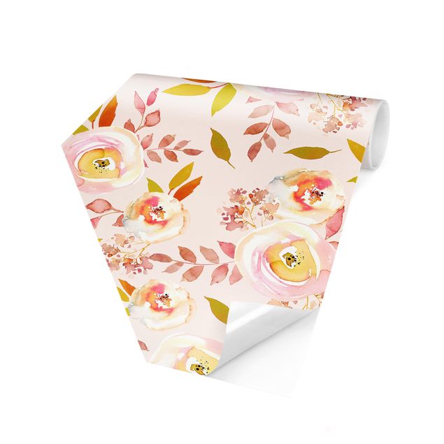 Carta da parati esagonale adesiva con disegni - Foglie gialle con fiori in acquerello su sfondo rosa