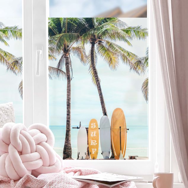 Pellicola per vetri per salone Tavole da surf gialle sotto le palme