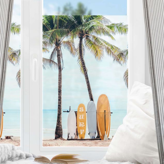 pellicola colorata per vetri Tavole da surf gialle sotto le palme
