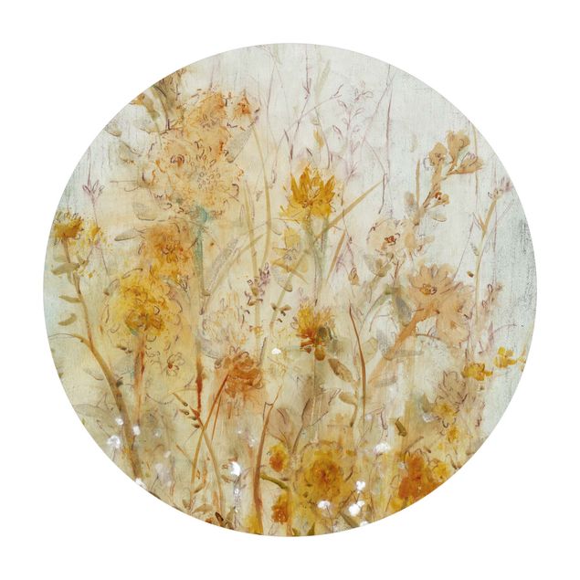 Tappeto in vinile rotondo - Campo fiorito selvaggio giallo