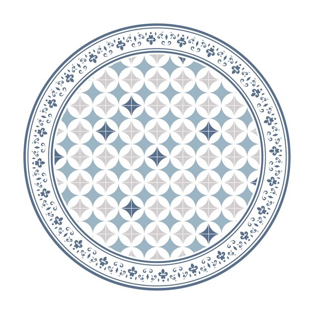 Tappeto in vinile rotondo - Piastrelle geometriche fiori circolari in blu scuro con bordi