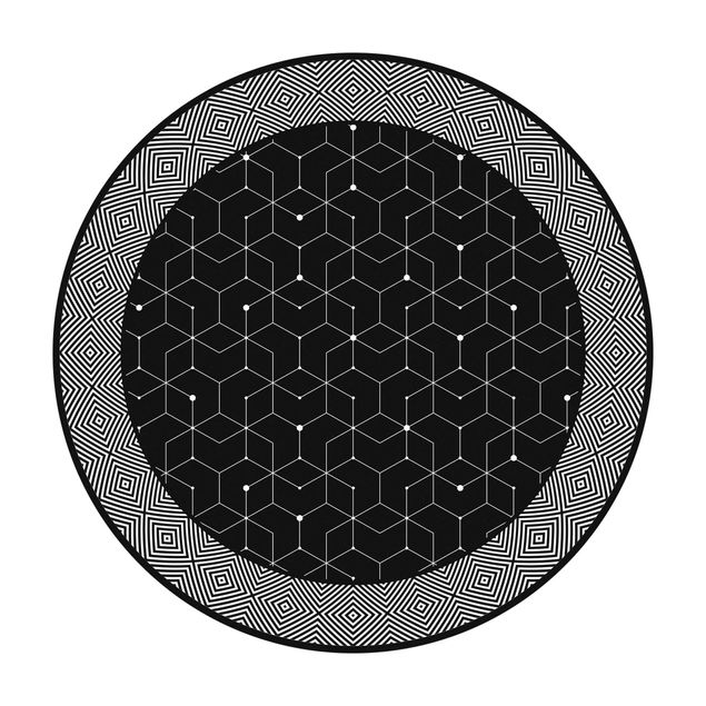 Tappeto in vinile rotondo - Piastrelle geometriche linee puntate in nero con bordi