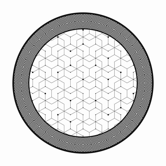 Tappeto in vinile rotondo - Piastrelle geometriche linee puntate bianco e nero con bordi