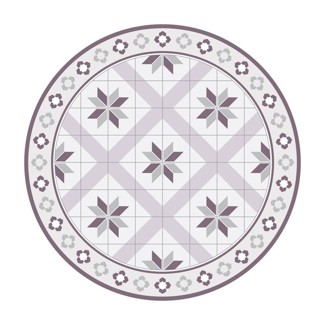 Tappeto in vinile rotondo - Piastrelle geometriche fiori rombici in lilla con bordi