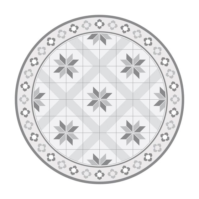 Tappeto in vinile rotondo - Piastrelle geometriche fiori rombici in grigio con bordi