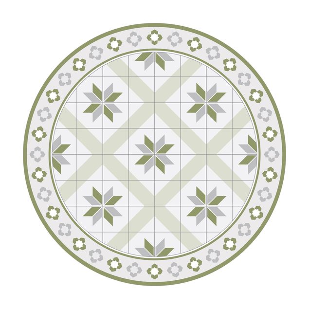 Tappeto in vinile rotondo - Piastrelle geometriche fiori rombici verde oliva con bordi