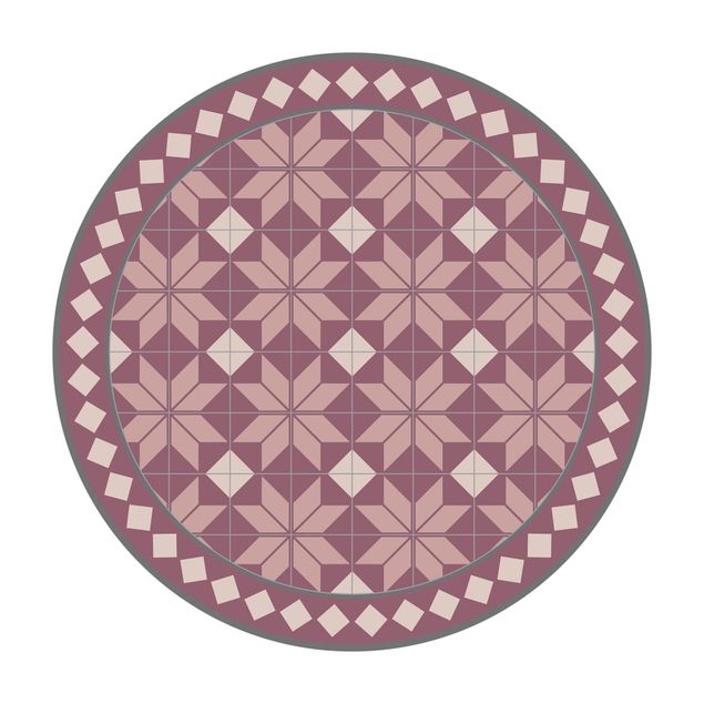 Tappeto in vinile rotondo - Piastrelle geometriche fiorestella rosa con bordi