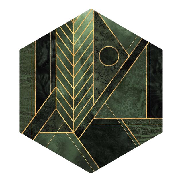 Carta da parati esagonale adesiva con disegni - Forme geometriche smeraldo e oro
