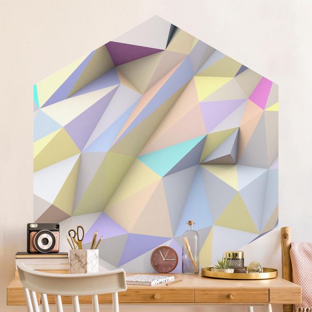 Carta da parati esagonale Triangoli geometrici pastello in 3D