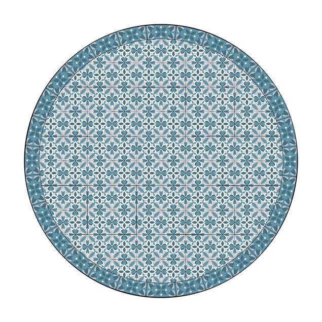 Tappeto in vinile rotondo - Mix di piastrelle geometriche con fioritura blu grigio