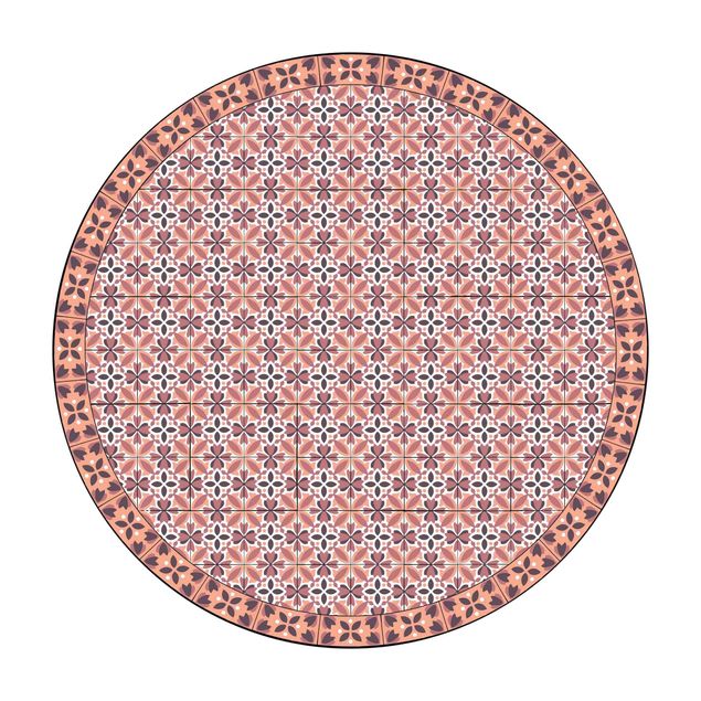 Tappeto in vinile rotondo - Mix di piastrelle geometriche con fioritura arancione