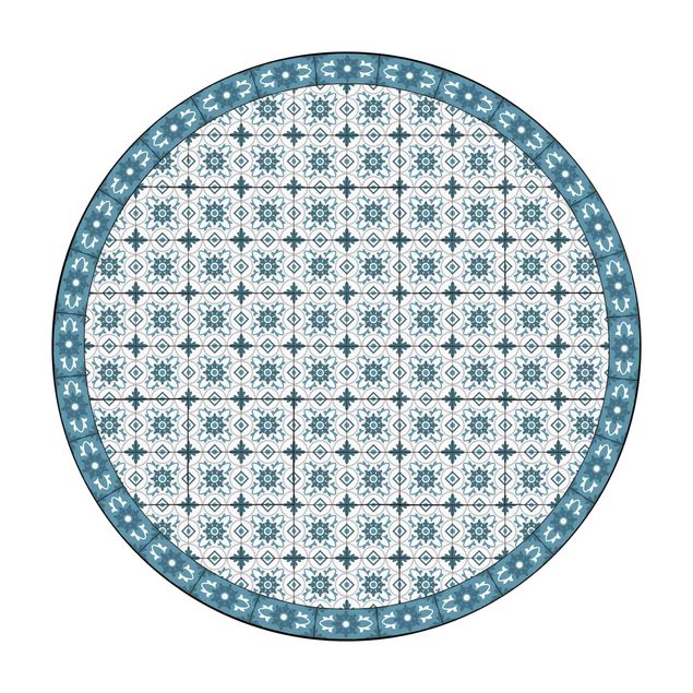 Tappeto in vinile rotondo - Mix di piastrelle geometriche con fiori blu grigio