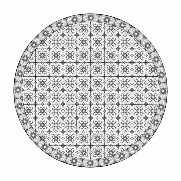 Tappeto in vinile rotondo - Mix di piastrelle geometriche con fiori grigio