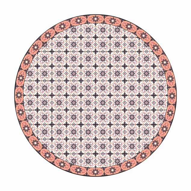 Tappeto in vinile rotondo - Mix di piastrelle geometriche con fiori arancione