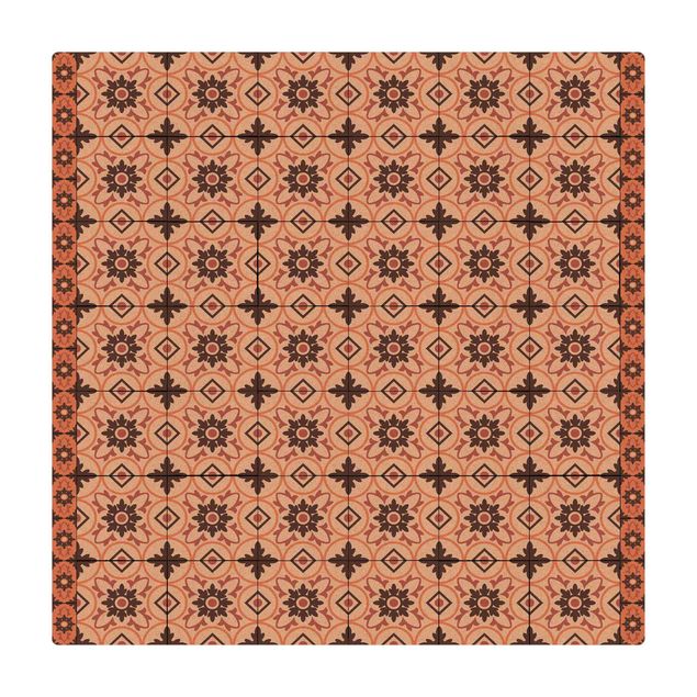 Tappetino di sughero - Mix di piastrelle geometriche con fiori arancione - Quadrato 1:1