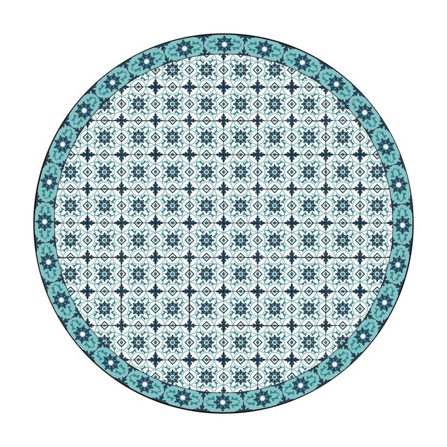 Tappeto in vinile rotondo - Mix di piastrelle geometriche con fiori turchese