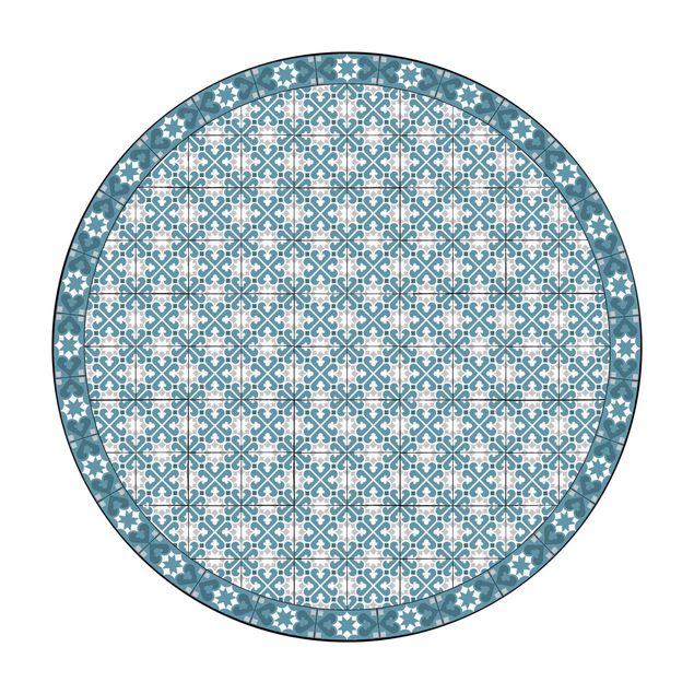 Tappeto in vinile rotondo - Mix di piastrelle geometriche con cuori blu grigio