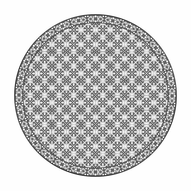 Tappeto in vinile rotondo - Mix di piastrelle geometriche con cuori grigio