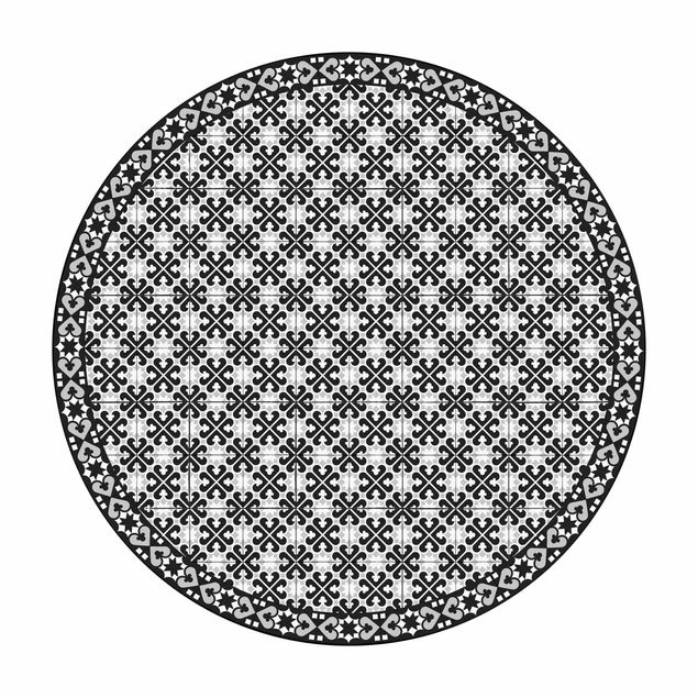 Tappeto in vinile rotondo - Mix di piastrelle geometriche con cuori nero
