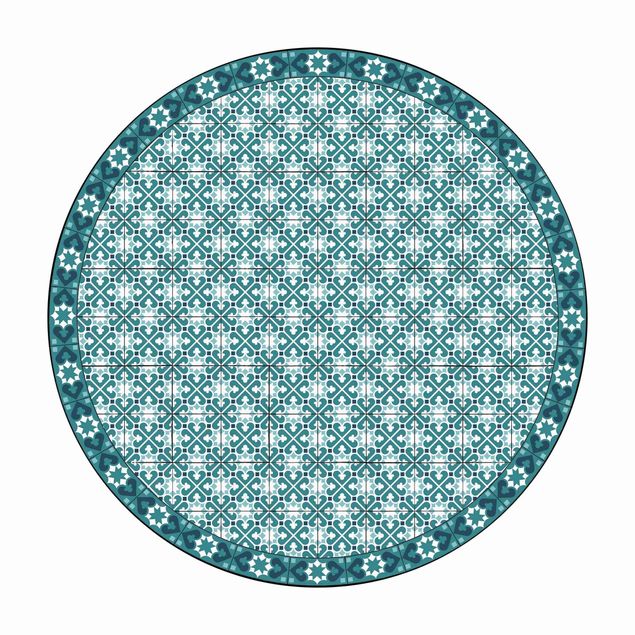 Tappeto in vinile rotondo - Mix di piastrelle geometriche con cuori turchese